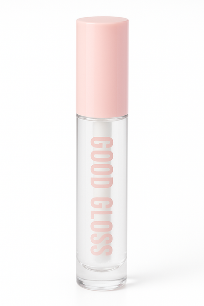 Clear bottle with pink cap labeled 'GOOD GLOSS' on a white background